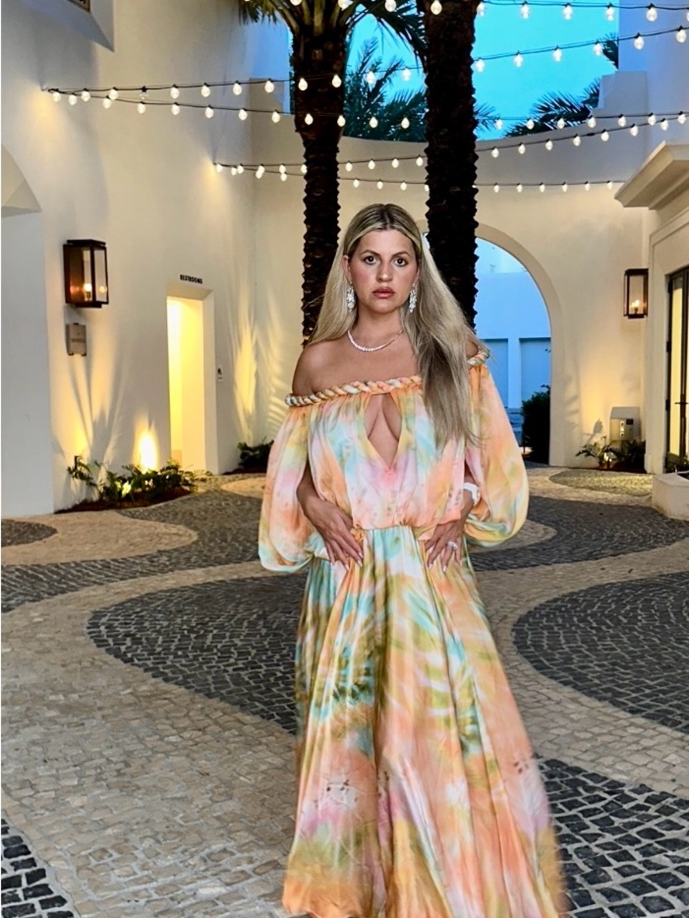 Zimmermann Pastel Tie-Dye Off-Shoulder Maxi Dress in Peach, Mint & Cream